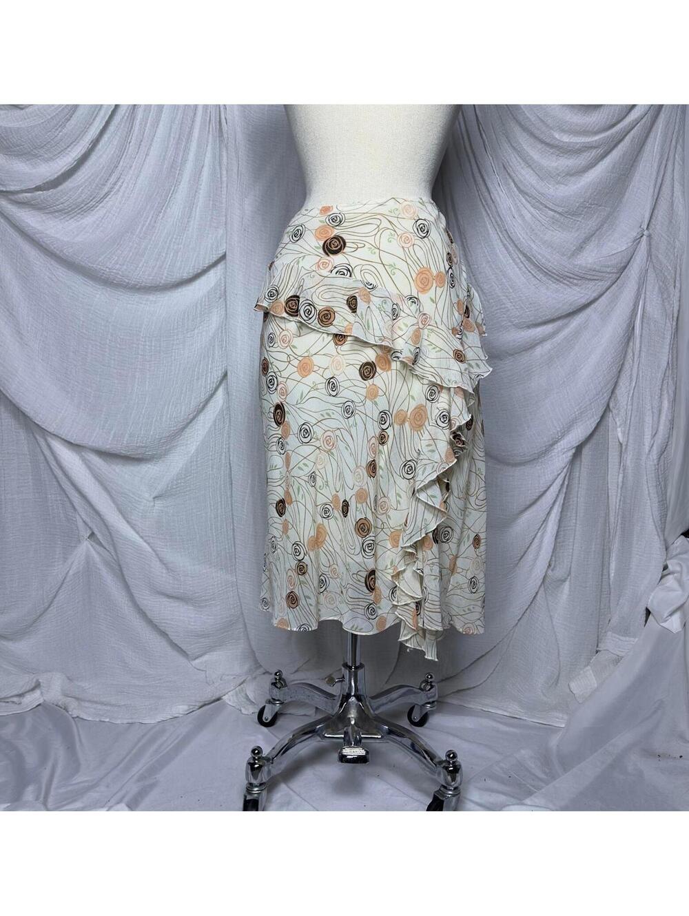 Boho Preppy Indie Fairy Floral Ruffle Asymmetrical Midi Skirt Size 10